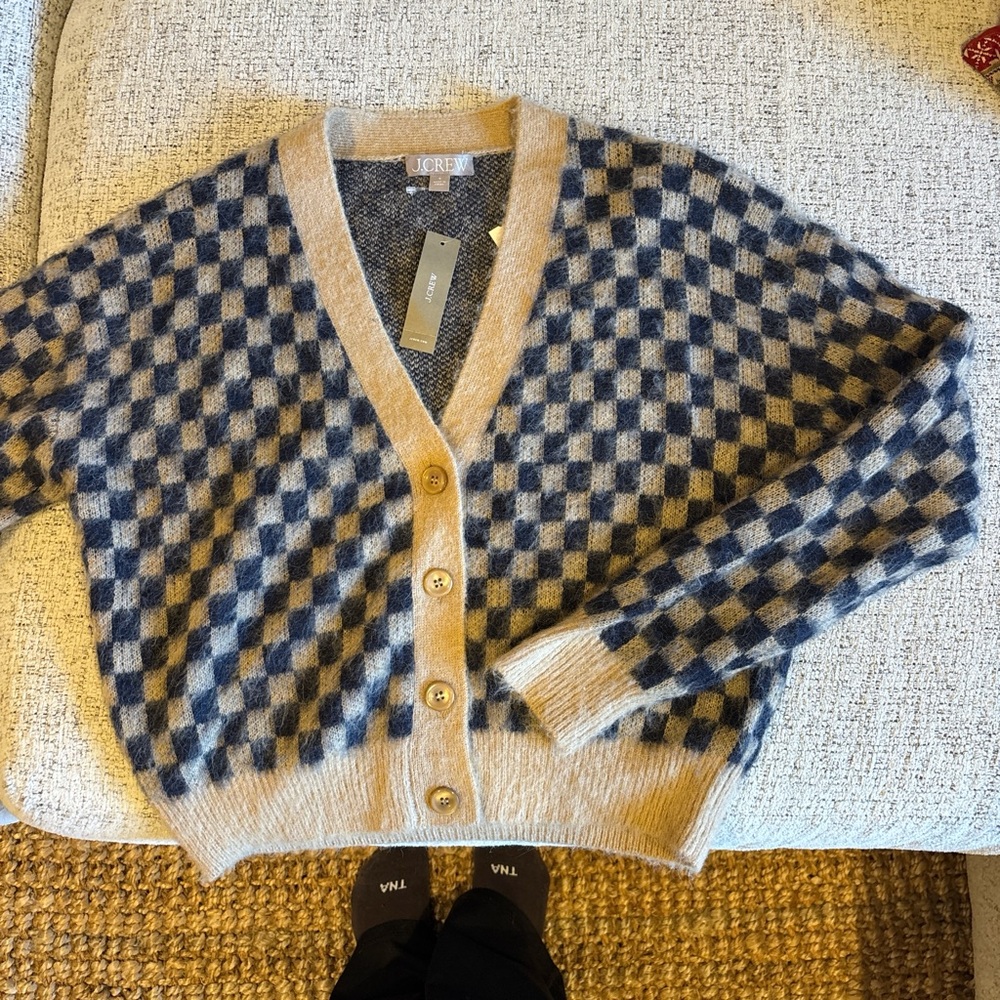 J. Crew Tan and Blue Checkered Cardigan